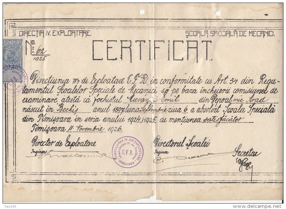 KING FERDINAND REVENUE STAMP ON MECANICS SCHOOL CERTIFICATE, 1926, ROMANIA - Diplome Und Schulzeugnisse