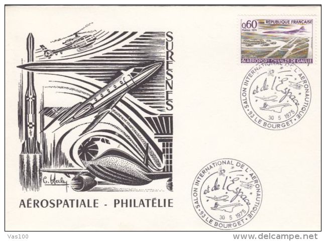 PLANES, CONCORDE, HELICOPTER, SPACE SHUTTLE, SPECIAL COVER, 1975, FRANCE - Concorde