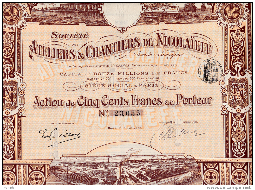 ACTION DE 500 FRANCS -ATELIERS ET CHANTIERS DE NICOLAIEFF -1912 - Navegación