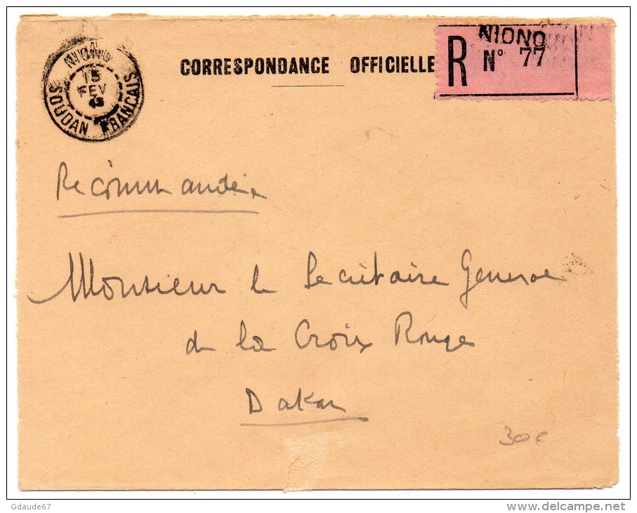 ENVELOPPE RECOMMANDEE De NIONO (SOUDAN) Pour DAKAR (CORRESPONDANCE OFFICIELLE) - Briefe U. Dokumente