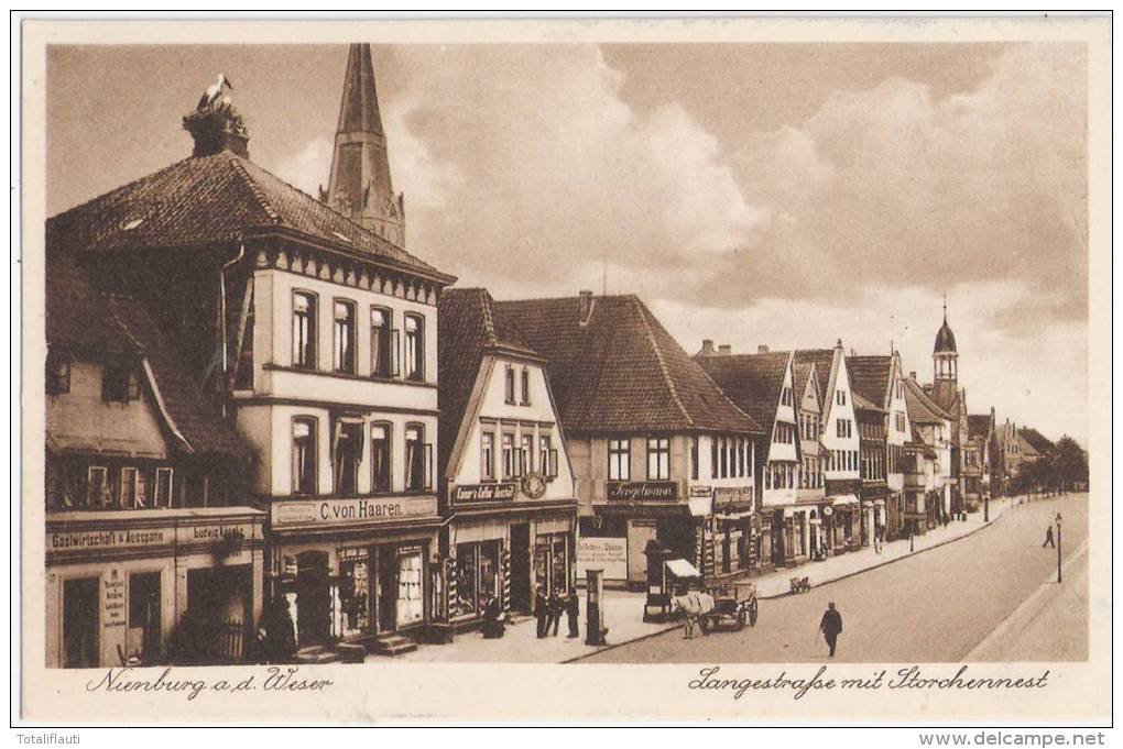 Nienburg Weser Lange Strasse Storch Nest Tanksäule Pferde Wagen Belebt Geschäft C. Van Haaren Gastwirtschaft Ungelaufen - Nienburg