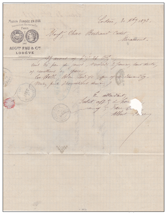 Lettre Exceptionelle 1873 Avec Cachet Rare Gare De Paulhan  Et Tars.c Au Dos - 1801-1848: Précurseurs XIX