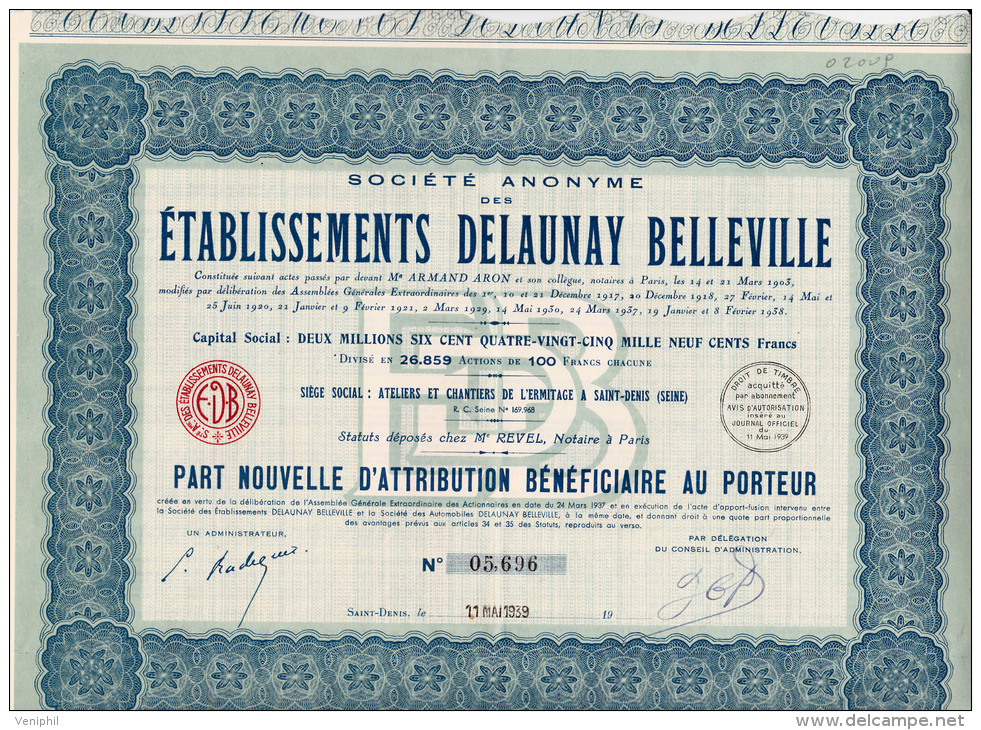 PART NOUVELLE D'ATTRIBUTION -ETABLISSEMENTS DELAUNAY BELLEVILLE -RHONE  -1939 - Auto's