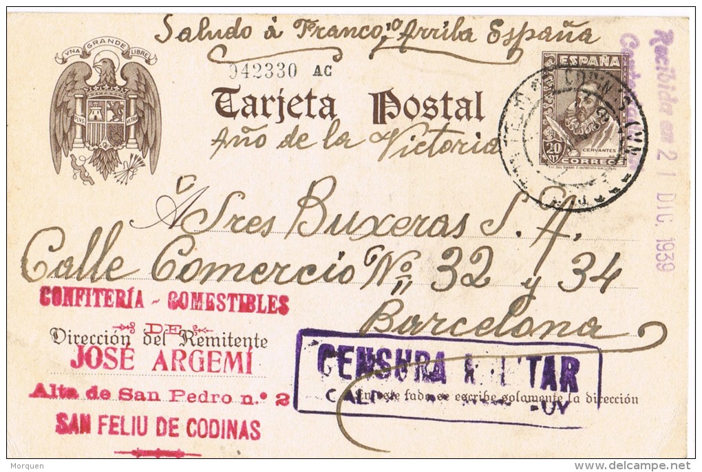 5773. Entero Postal SAN FELIU De CODINAS (barcelona) 1939. CENSURA Militar - 1931-....