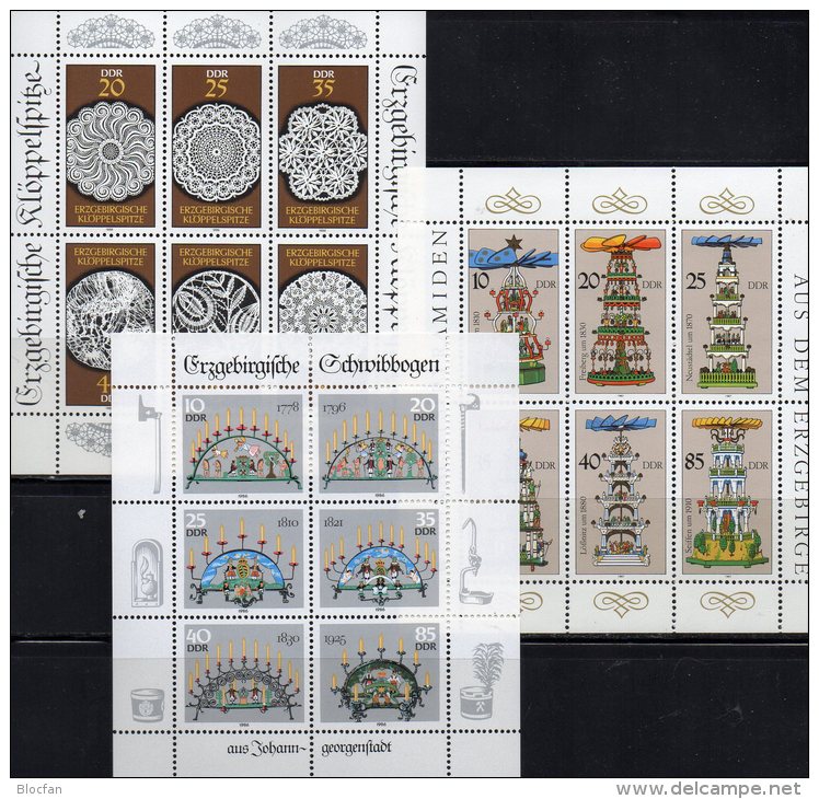 Christmas Volkskunst Erzgebirge 1986-1988 DDR 3057/2,3134/9+3215/0 KB ** 11€ Schwibbogen Pyramide Spitze Bloc Bf Germany - Unused Stamps