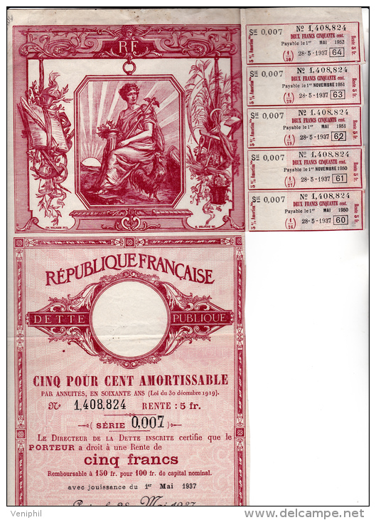 RENTE DETTE PUBLIQUE 5% 1937 - - Banque & Assurance