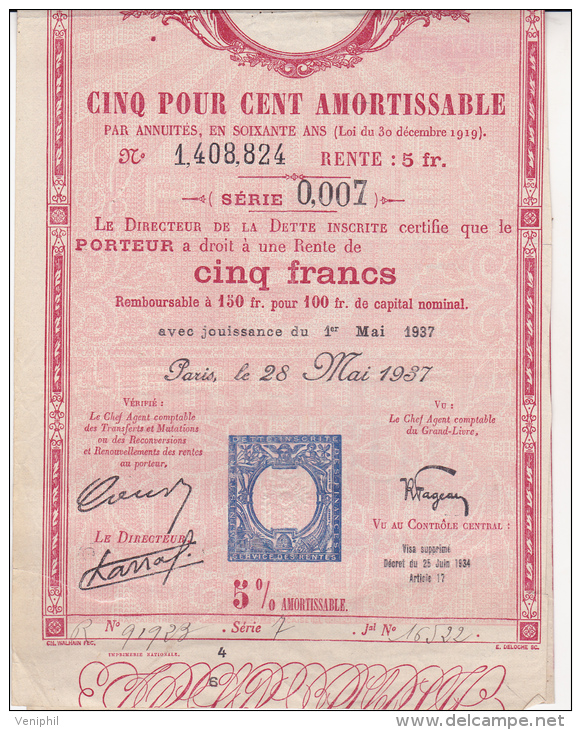 RENTE DETTE PUBLIQUE 5% 1937 - - Banque & Assurance