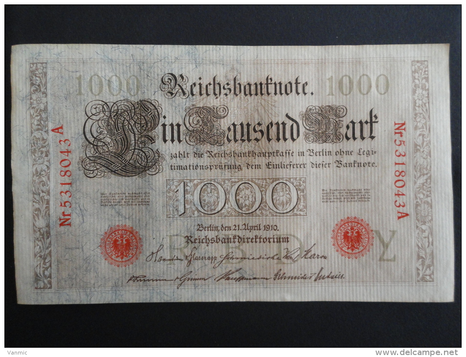 1910 A - 21 Avril 1910 - Billet 1000 Mark - Allemagne - Série A : N° 5318043 A - ReichsBanknote Deutschland Germany - 1.000 Mark