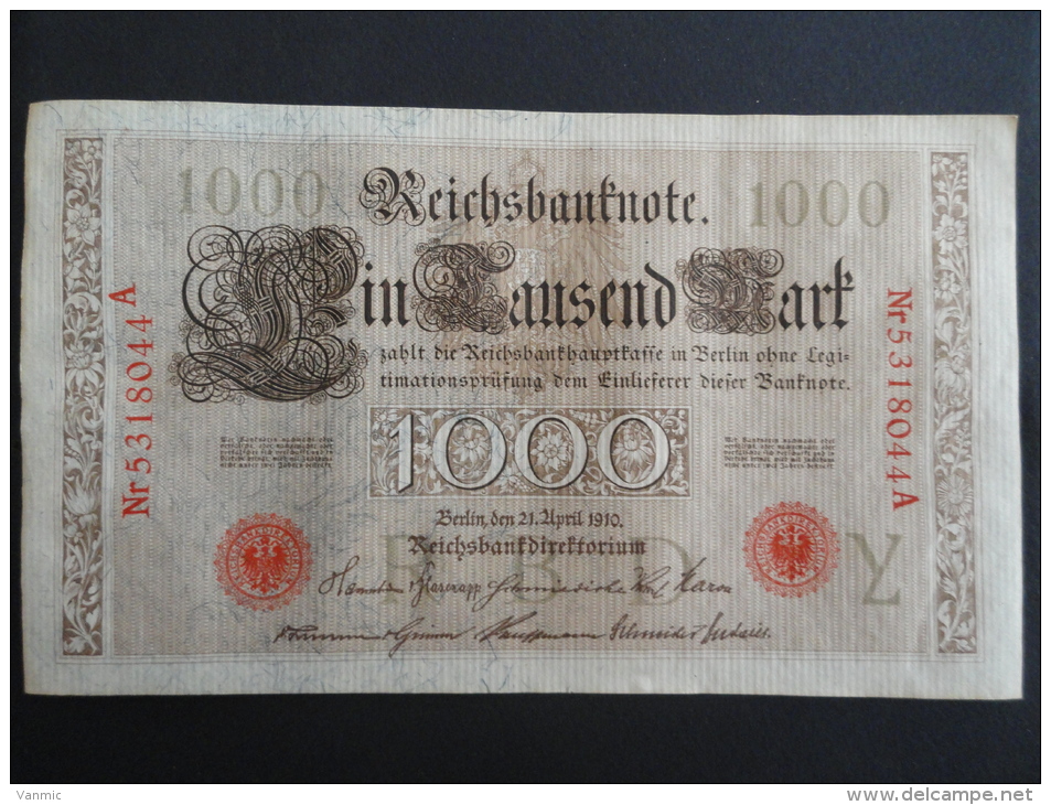 1910 A - 21 Avril 1910 - Billet 1000 Mark - Allemagne - Série A : N° 5318044 A - ReichsBanknote Deutschland Germany - 1.000 Mark