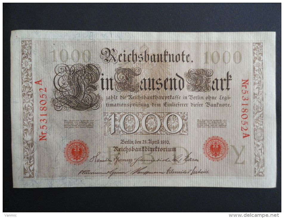 1910 A - 21 Avril 1910 - Billet 1000 Mark - Allemagne - Série A : N° 5318052 A - ReichsBanknote Deutschland Germany - 1.000 Mark