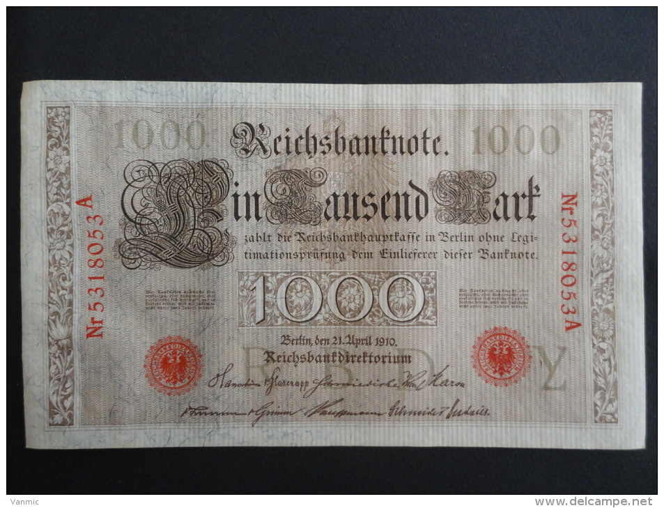 1910 A - 21 Avril 1910 - Billet 1000 Mark - Allemagne - Série A : N° 5318053 A - ReichsBanknote Deutschland Germany - 1.000 Mark