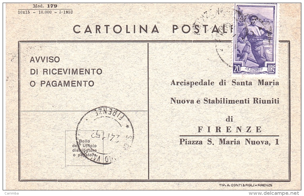 1952 £ 20 ITALIA LAVORO SU AVVISO ARCISPEDALE SANTA MARIA NUOVA FIRENZE - 1946-60: Storia Postale