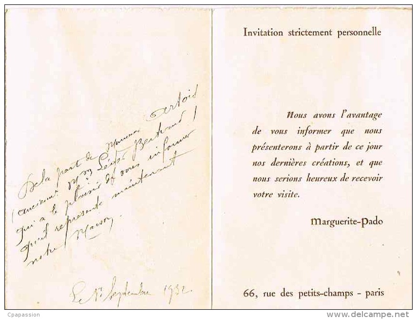 MODE- Livret Invitation De La Maison  MARGUERITE-PADO -  66 Rue Des Petits-Champs PARIS -1932-2 Scans - Sonstige & Ohne Zuordnung