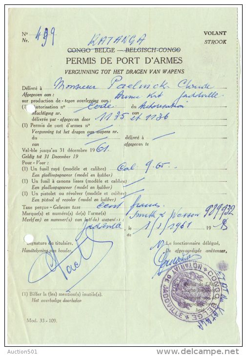 09109 KATANGA Jadotville Permis Port D´armes Pour Fusil 01/01/1961 - Historische Documenten