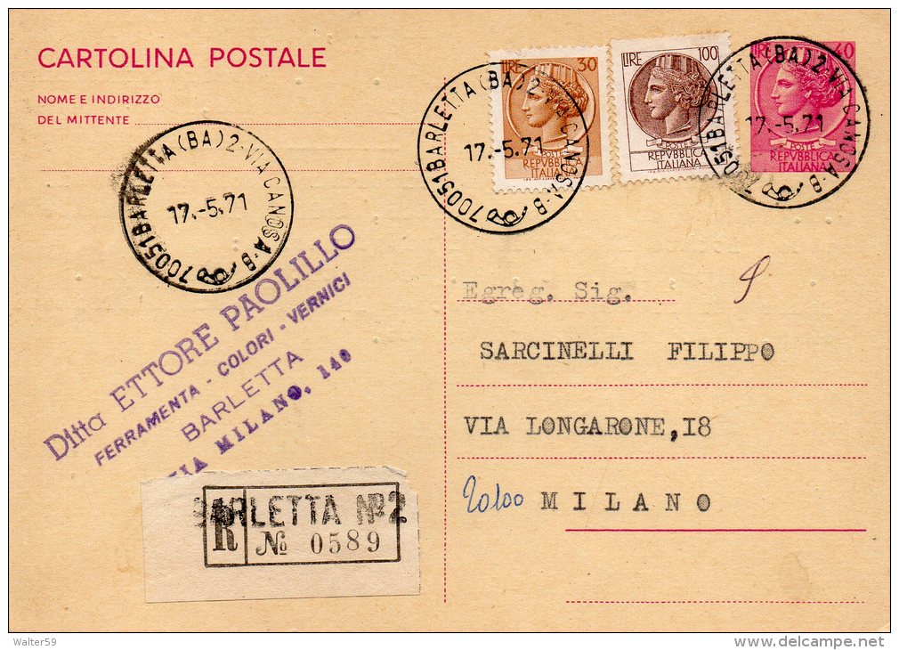 1971 Italy Italie Italia Intero Raccomandata Sir £40+100+30 BARLETTA Entier Stationery Registered - Ganzsachen