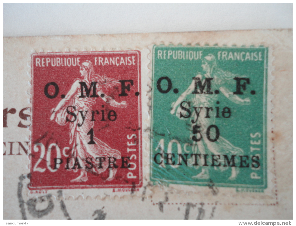 2 TIMBRES SEMEUSES SURCHARGES 20 CTS ROUGE O.M.F. SYRIE 1 PIASTRE - 40 CTS VERTE O.M.F. SYRIE 50 CENTIEMES - Oblitérés