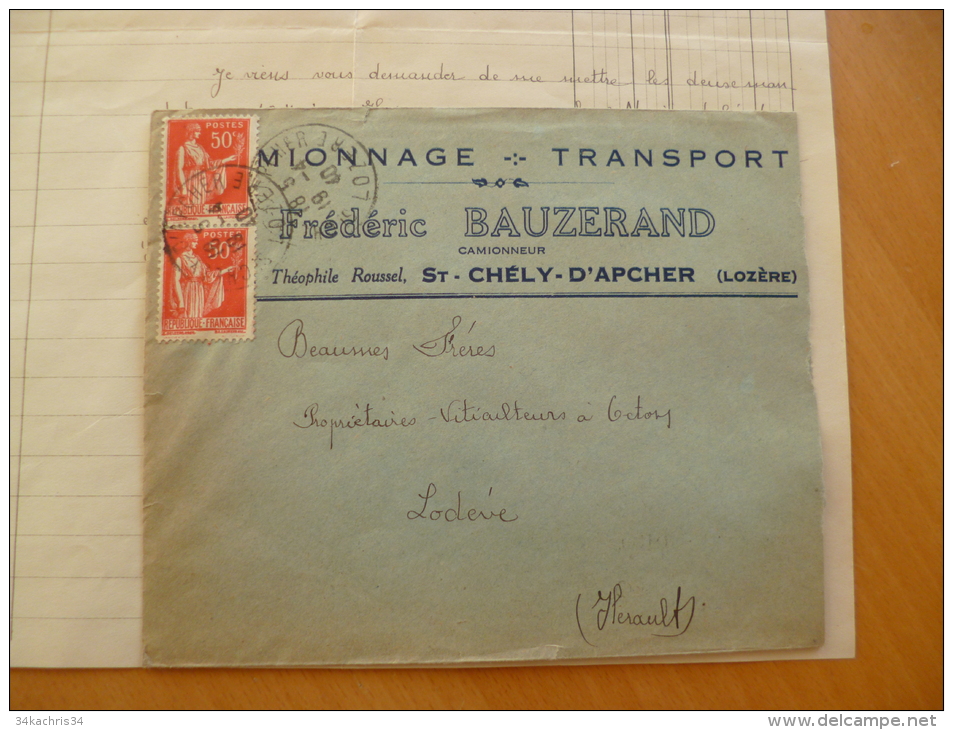 Facture + Lettre à En Tête  F. Bauzerand.Camionage .Transport. Epicerie. Aux 4 Saisons.Saint Chély D'Apcher.Lozère 1940 - Transports