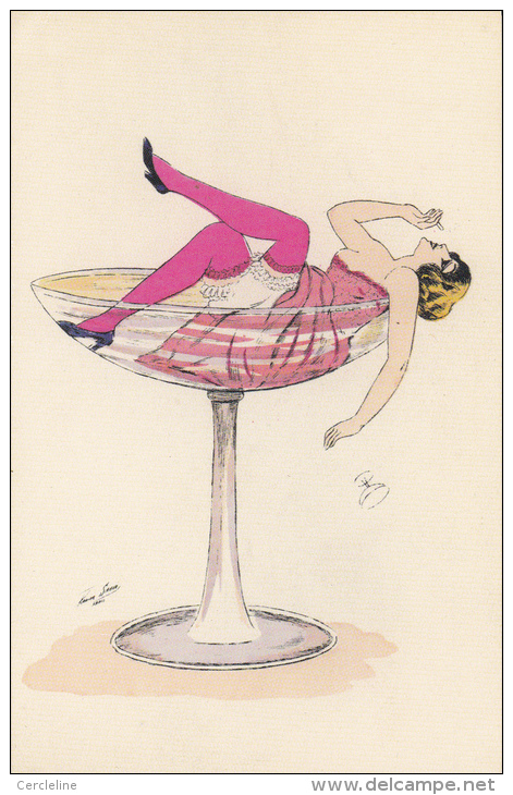 CPM FEMME JAMBES EN L AIR DANS UNE COUPE DE CHAMPAGNE DESSINATEUR REPRO - Women