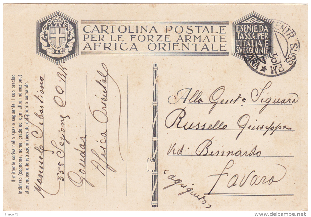 ASMARA  (Eritrea ) /   FAVARA (AG)  - Card _ Cartolina Postale In Franchigia _  Viaggiata 15.06.1936 - Storia Postale