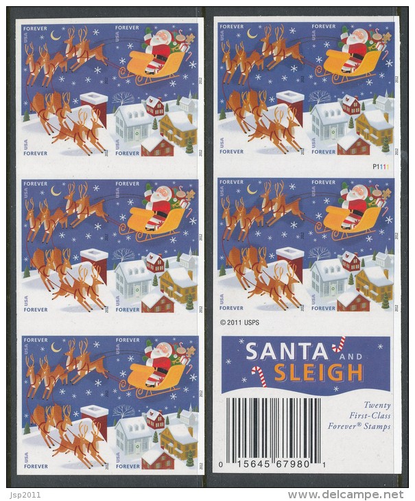 USA 2012 Scott 4715bv. Santa & Sleigh Christmas, Imperforate Booklet Pane Of 20, MNH (**) - 1981-...