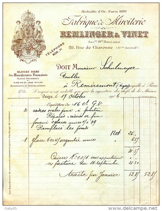 FABRIQUE DE MIROITERIE.REMLINGER & VINET 26 RUE CHARONNE. PARIS. - Andere & Zonder Classificatie