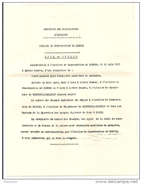 MINISTERE DE LA GUERRE APPEL A CONSTRUCTION CAISSES ET COFFRES TRANSPORT MARITIME DE GRENADES - Material Und Zubehör