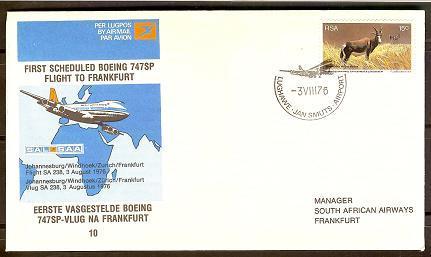 SOUTH AFRICA AIRWAYS 1976 Cover 10 JHB-Frankfurt F2212 - Airplanes