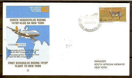 SOUTH AFRICA AIRWAYS 1976 Cover 11 JHB-New York F2213 - Airplanes