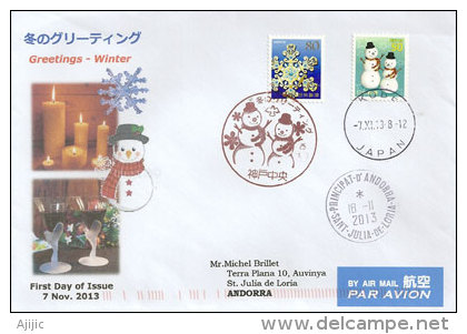 Bienvenue A L'Hiver ! Belle Enveloppe Du Japon Adressée En Andorre, Avec Timbre á Date Arrivée Andorre Au Recto - Covers & Documents