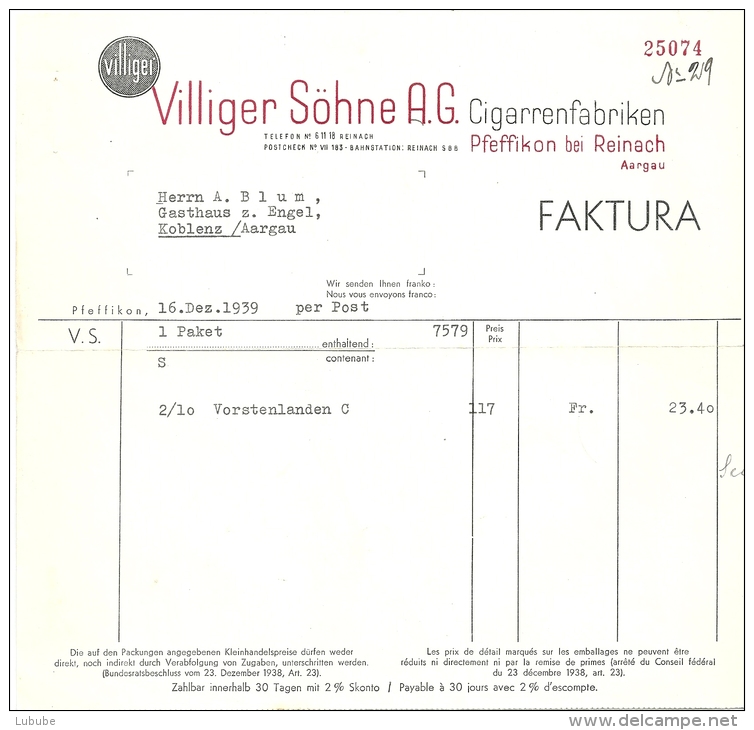 Rechnung  "Villiger Söhne AG, Cigarrenfabrik, Pfeffikon Bei Reinach"            1939 - Schweiz