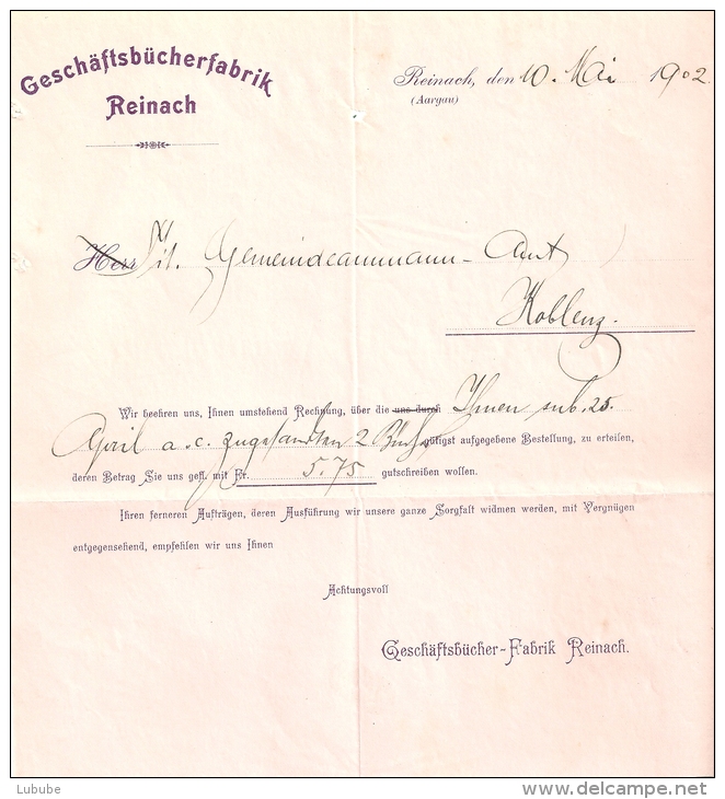 Rechnung  "Geschäftsbücherfabrik Reinach"            1902 - Suisse