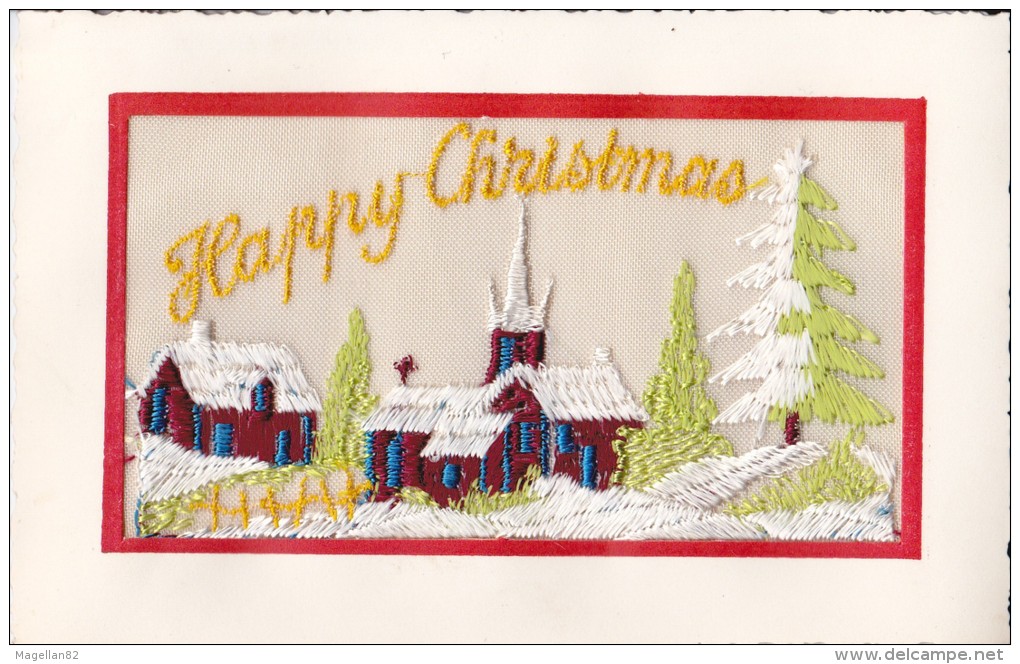 CPA. JOLIE CARTE BRODÉE. HAPPY CHRISTMAS. JOYEUX NOËL . PAYSAGE DE NEIGE - Santa Claus