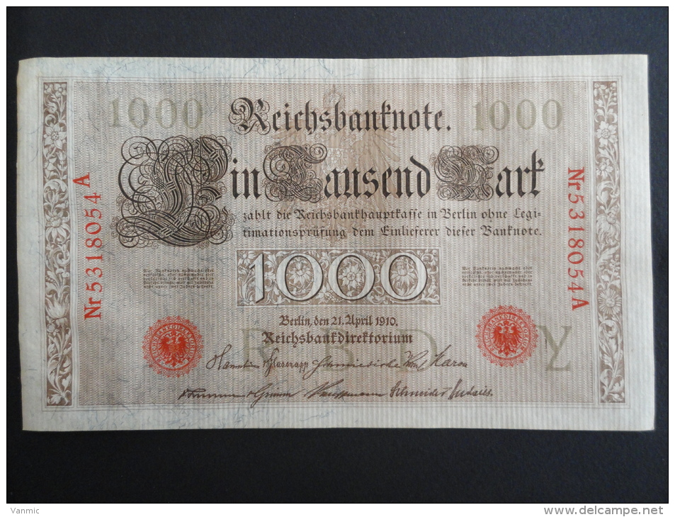 1910 A - 21 Avril 1910 - Billet 1000 Mark - Allemagne - Série A : N° 5318054 A - ReichsBanknote Deutschland Germany - 1.000 Mark
