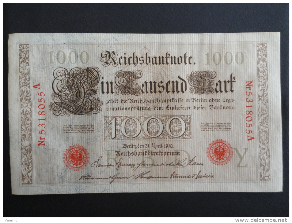 1910 A - 21 Avril 1910 - Billet 1000 Mark - Allemagne - Série A : N° 5318055 A - ReichsBanknote Deutschland Germany - 1.000 Mark