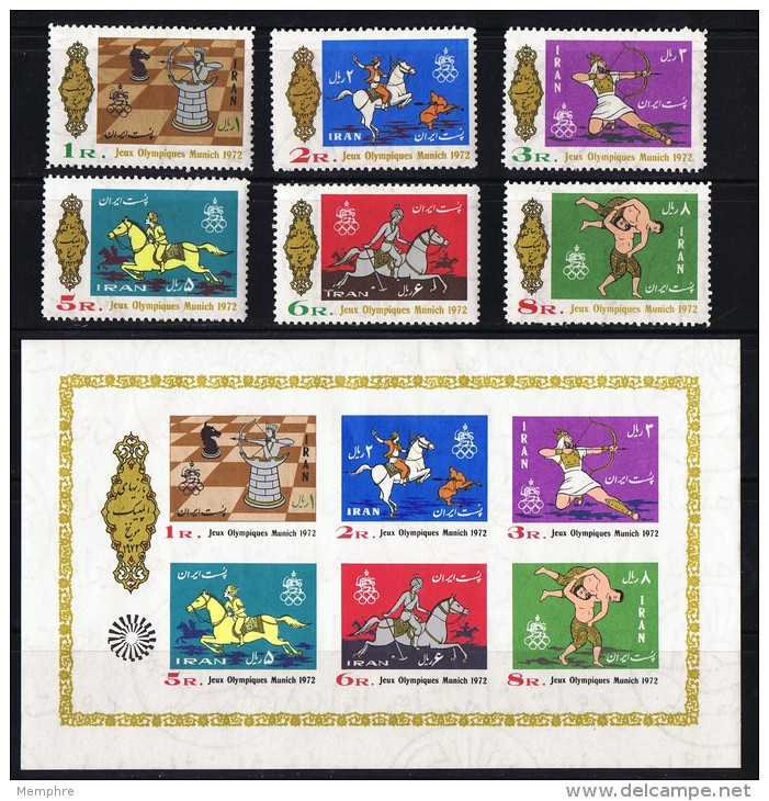 1972  Jeux Olympiques De Munich Chasse, Tir  L'arc, équitation, Lutte  Timbres Et Bloc-feuillet * MH - Iran