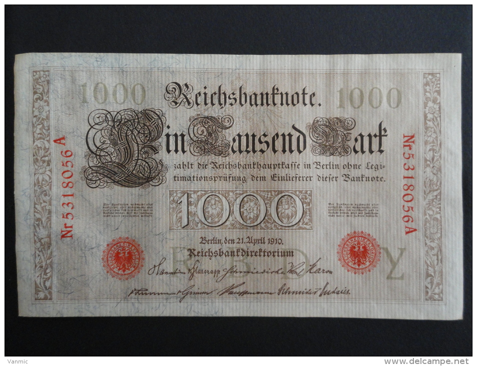 1910 A - 21 Avril 1910 - Billet 1000 Mark - Allemagne - Série A : N° 5318056 A - ReichsBanknote Deutschland Germany - 1.000 Mark