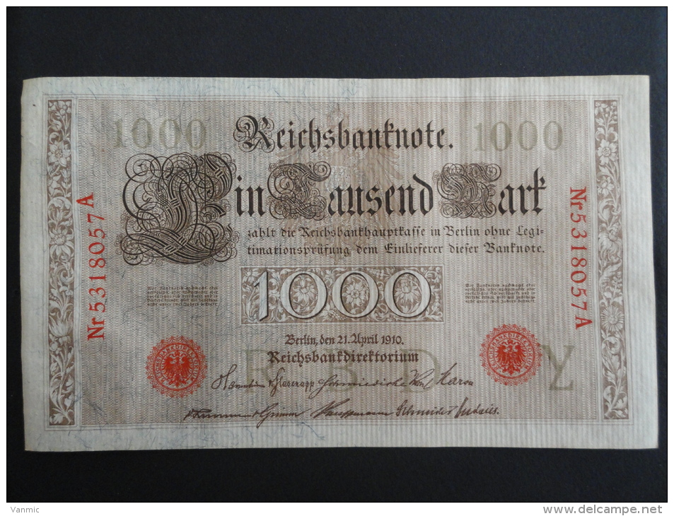1910 A - 21 Avril 1910 - Billet 1000 Mark - Allemagne - Série A : N° 5318057 A - ReichsBanknote Deutschland Germany - 1000 Mark