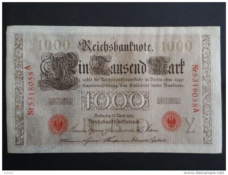 1910 A - 21 Avril 1910 - Billet 1000 Mark - Allemagne - Série A : N° 5318058 A - ReichsBanknote Deutschland Germany - 1.000 Mark