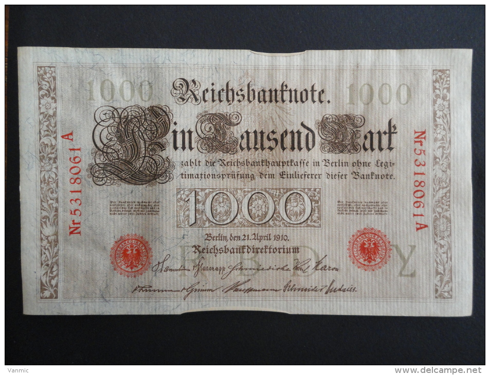 1910 A - 21 Avril 1910 - Billet 1000 Mark - Allemagne - Série A : N° 5318061 A - ReichsBanknote Deutschland Germany - 1.000 Mark