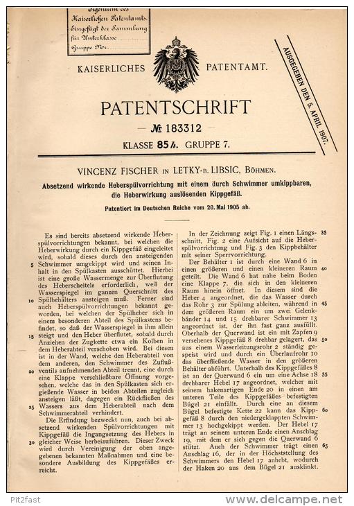 Original Patentschrift - V. Fischer In Letky B. Libschitz , 1905, Spülapparat Mit Schwimmer , Sanitär , Libcice , Moldau - Historische Dokumente