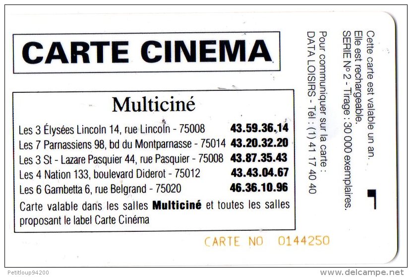 CARTE CINEMA-CINECARTE   DATA LOISIRS   Multiciné Paris  ***** - Biglietti Cinema