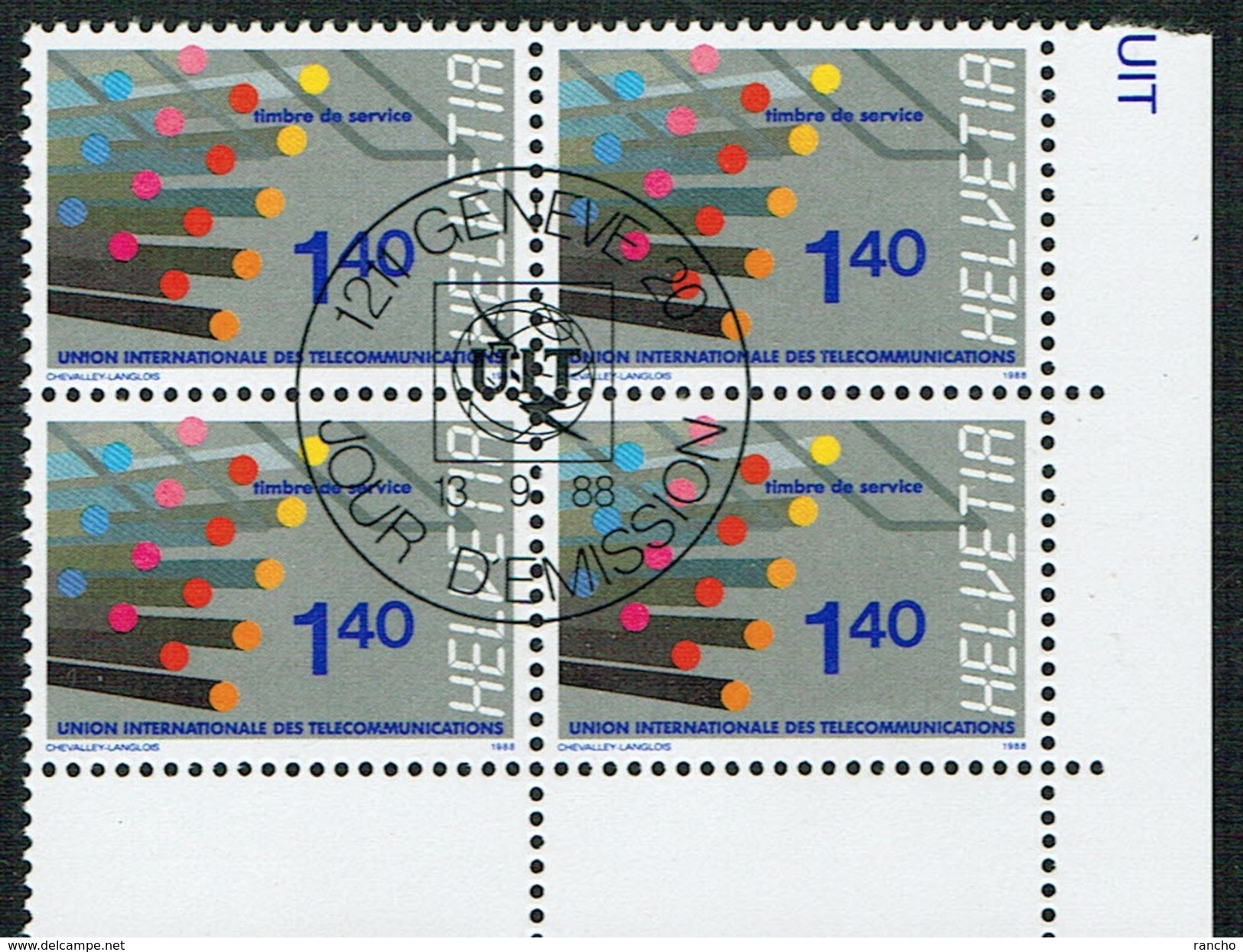 TIMBRES OBLITERES 1er/JOUR 1988 .U.I.T. BLOC DE 4 C/.S.B.K. Nr:14. Y&TELLIER Nr:466. MICHEL Nr:14. - Service