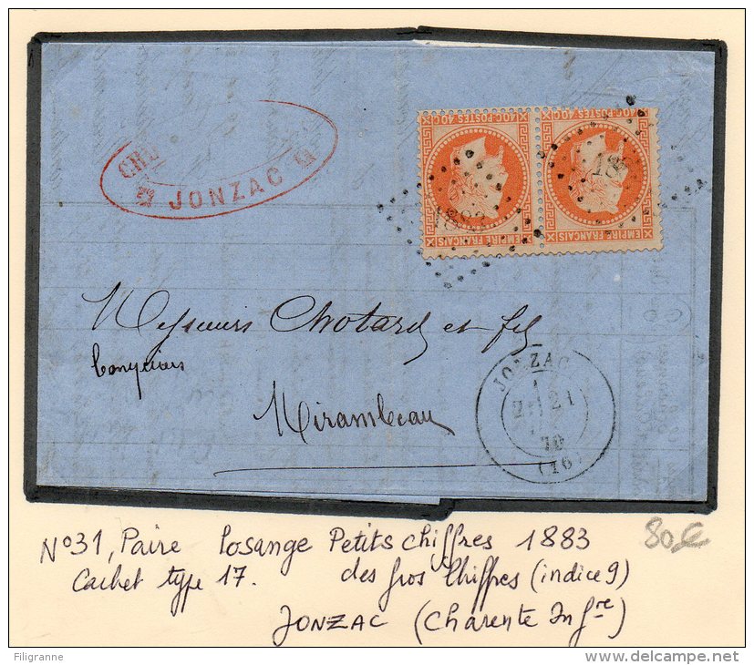 N°31 En Paire  Sur Lettre De JONZAC P.c. 1883 Des Gros Chiffres Ind.9 - 1863-1870 Napoléon III Lauré