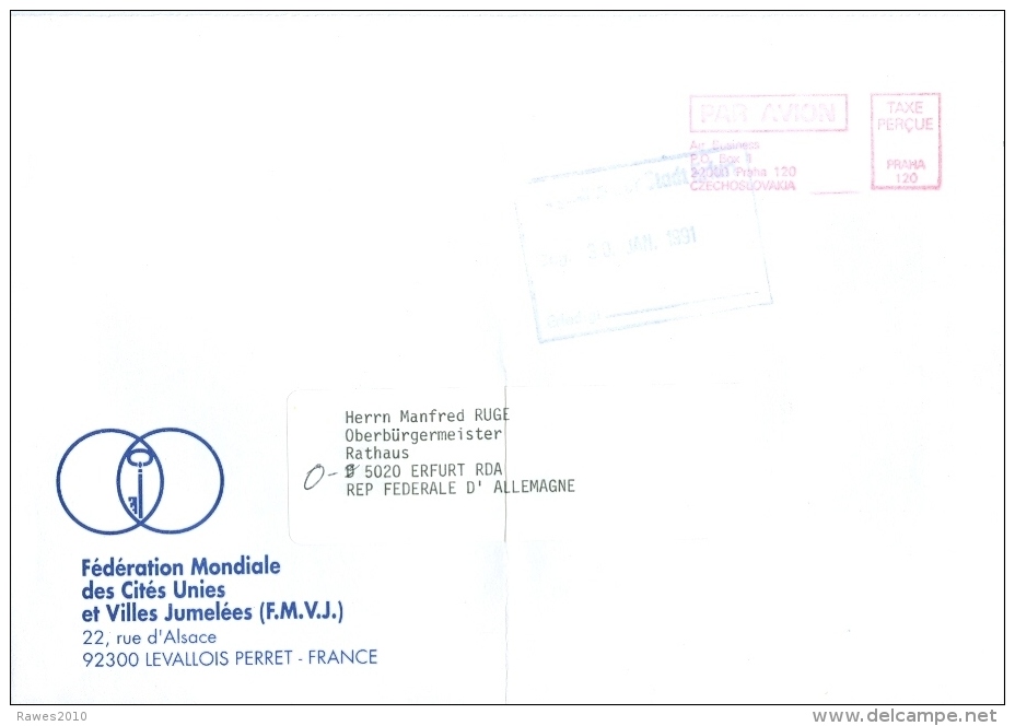 Tschechoslowakei Prag Taxe Percue - Stempel 1991 Weltstädteunion Federation Mondiale Des Cites Unes Levallois Perret - Cartas & Documentos