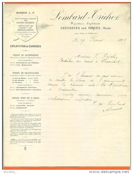 55 Cousances Aux Forges - Courrier Lombard Trichet  "  Exploitation De Carrieres "  1901 - Petits Métiers