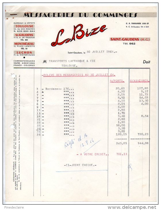 Messageries Du Comminges, L. Bize, Saint Gaudens (Haute-Garonne) - 1964 - Transporte