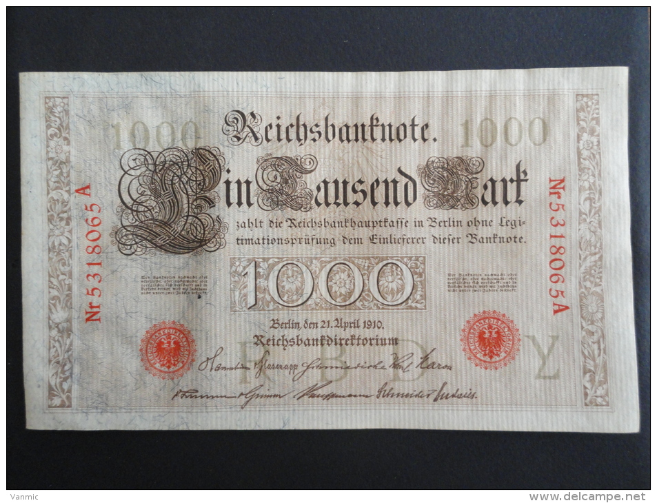 1910 A - 21 Avril 1910 - Billet 1000 Mark - Allemagne - Série A : N° 5318065 A - ReichsBanknote Deutschland Germany - 1.000 Mark