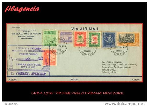 PIEZAS. CUBA. ENTEROS POSTALES. PRIMER VUELO. 1956. HABANA-NEW YORK - Covers & Documents