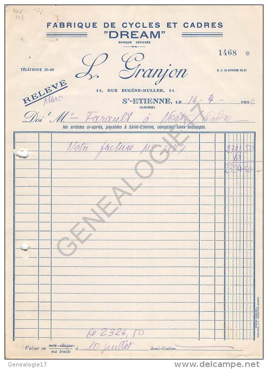 42 1281 SAINT ETIENNE LOIRE 1939  Fabrique De Cadres &amp; Cycles L. GRANJON Marque DREAM Rue Eugene Muller à FARAULT - Automobile