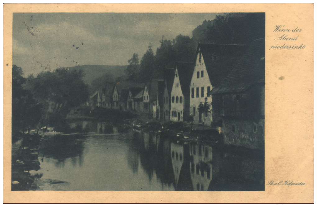 German Sepia Photo Postcard - Houses On Riverbank - "Wenn Der Abend Niedersinkt" - Hofmeister / Wiechmann (1916) - Autres & Non Classés